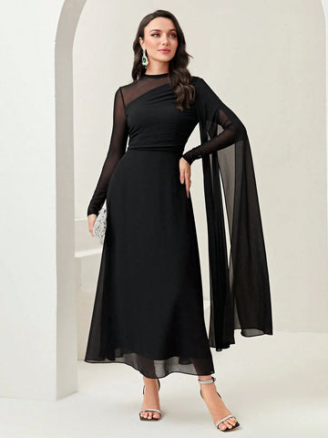 Women's Round Neck Long Sleeve Mesh Contrast Ruffle Maxi Elegant Dress