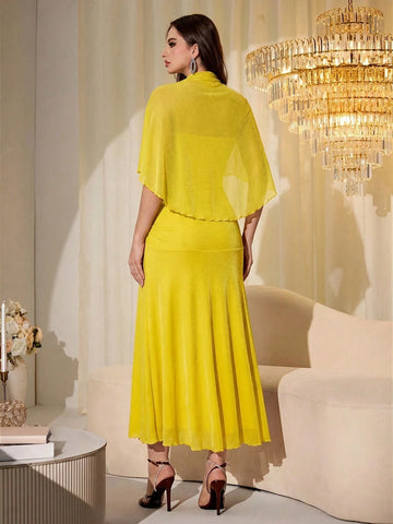 Elegant Mesh & Shiny Yarn Strapless Shawl Sleeve Fitted Long Dress