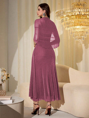 Elegant Mesh & Shiny Yarn Strapless Shawl Sleeve Fitted Long Dress