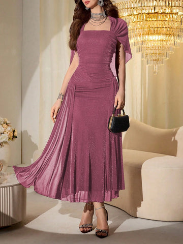 Elegant Mesh & Shiny Yarn Strapless Shawl Sleeve Fitted Long Dress