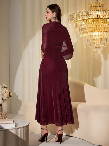 Elegant Mesh & Shiny Yarn Strapless Shawl Sleeve Fitted Long Dress