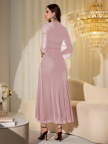 Elegant Mesh & Shiny Yarn Strapless Shawl Sleeve Fitted Long Dress