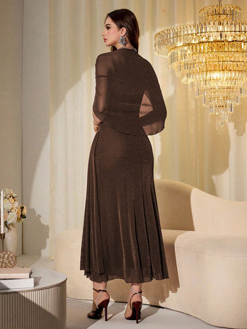 Elegant Mesh & Shiny Yarn Strapless Shawl Sleeve Fitted Long Dress
