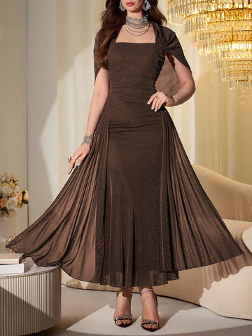 Elegant Mesh & Shiny Yarn Strapless Shawl Sleeve Fitted Long Dress