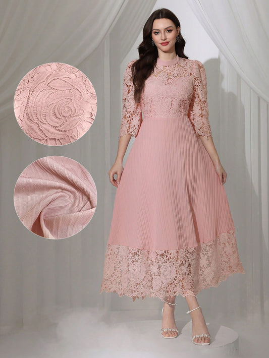 Modelyn Eyelet Embroidery Patchwork Flowy Long Sleeve Dress