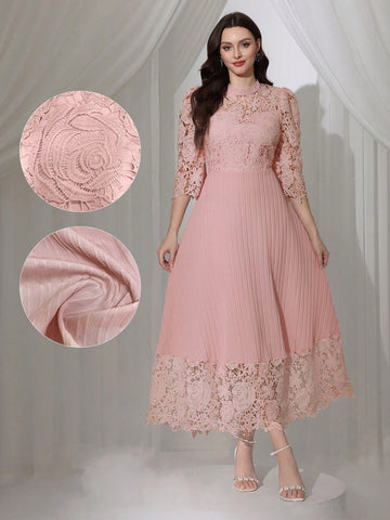 Modelyn Eyelet Embroidery Patchwork Flowy Long Sleeve Dress