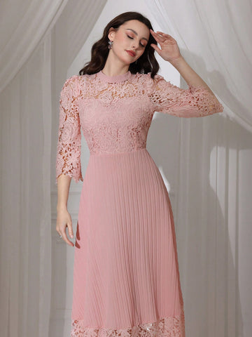 Modelyn Eyelet Embroidery Patchwork Flowy Long Sleeve Dress