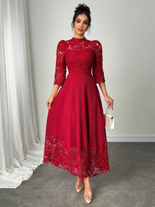 Modelyn Eyelet Embroidery Patchwork Flowy Long Sleeve Dress