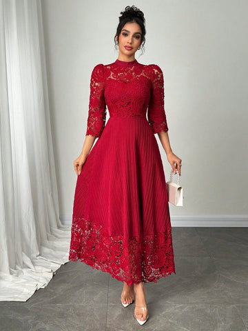 Modelyn Eyelet Embroidery Patchwork Flowy Long Sleeve Dress