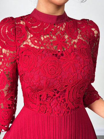 Modelyn Eyelet Embroidery Patchwork Flowy Long Sleeve Dress