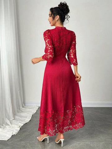 Modelyn Eyelet Embroidery Patchwork Flowy Long Sleeve Dress
