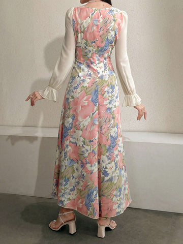 Modelyn Floral Printed Sweetheart Neckline Waist Gathering Dress