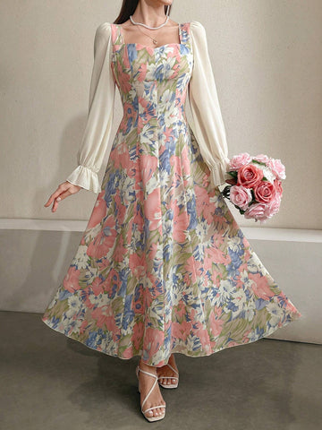 Modelyn Floral Printed Sweetheart Neckline Waist Gathering Dress