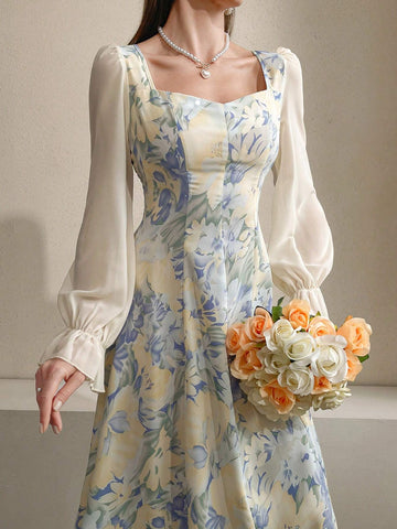 Modelyn Floral Printed Sweetheart Neckline Waist Gathering Dress