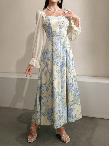 Modelyn Floral Printed Sweetheart Neckline Waist Gathering Dress