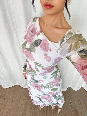 Modelyn French Style Asymmetrical Shoulder Flared Sleeve Fitted Women Dress