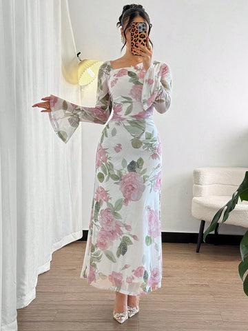 Modelyn French Style Asymmetrical Shoulder Flared Sleeve Fitted Women Dress