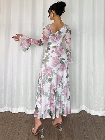 Modelyn French Style Asymmetrical Shoulder Flared Sleeve Fitted Women Dress