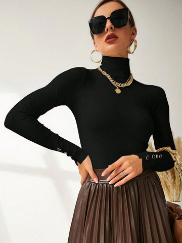 Modelyn High Neck Button Detail Ribbed Knit Sweater