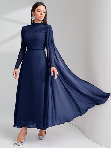 Women's Round Neck Long Sleeve Mesh Contrast Ruffle Maxi Elegant Dress