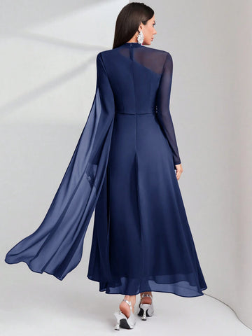 Women's Round Neck Long Sleeve Mesh Contrast Ruffle Maxi Elegant Dress