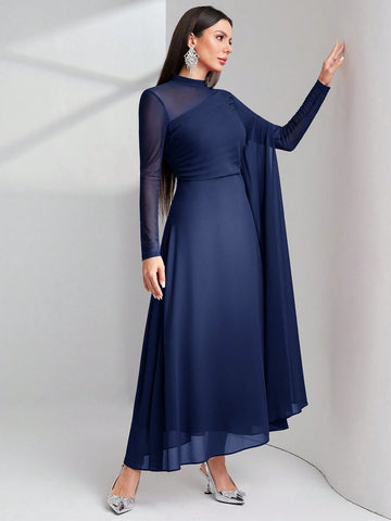 Women's Round Neck Long Sleeve Mesh Contrast Ruffle Maxi Elegant Dress