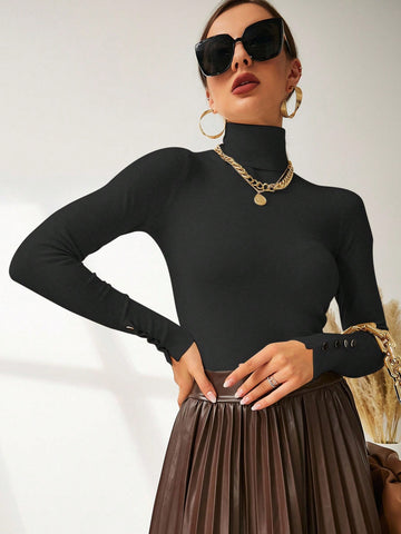 Modelyn High Neck Button Detail Ribbed Knit Sweater