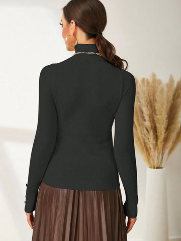 Modelyn High Neck Button Detail Ribbed Knit Sweater