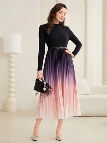 Modelyn Ombre Pleated Hem Dress With Belt