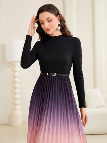 Modelyn Ombre Pleated Hem Dress With Belt