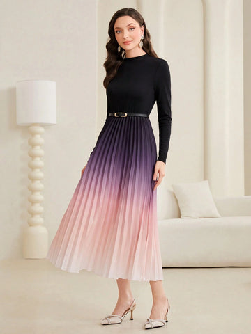 Modelyn Ombre Pleated Hem Dress With Belt