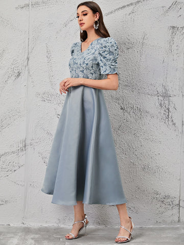 Modelyn Puff Sleeve Floral Jacquard Bodice Dress