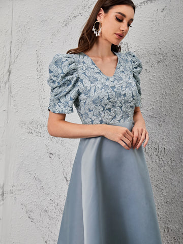 Modelyn Puff Sleeve Floral Jacquard Bodice Dress