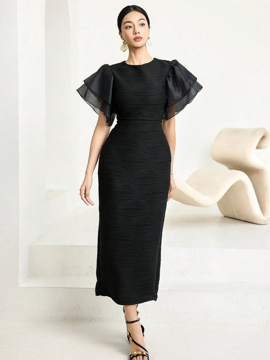 Modelyn Ruffle Sleeve Jacquard Texture Slim Dress