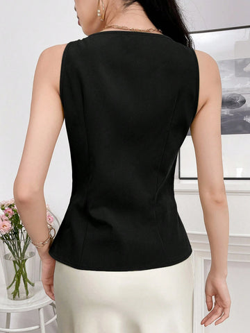 Women's V-Neck Solid Color Sleeveless Shirt With Asymmetric Hem