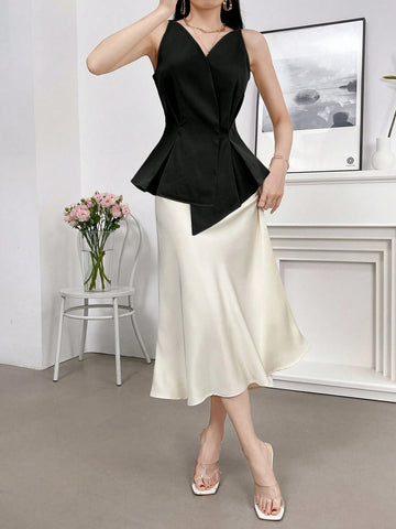 Women's V-Neck Solid Color Sleeveless Shirt With Asymmetric Hem