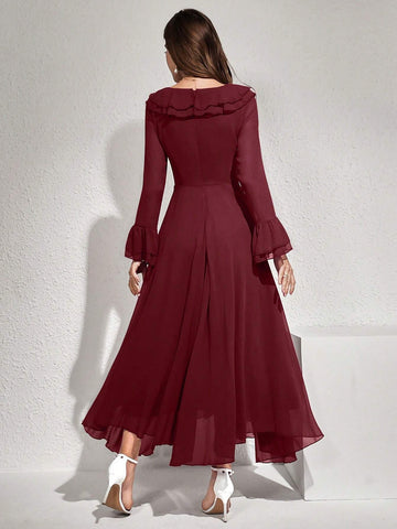 Modelyn Women Elegant Solid Color Flare Sleeve Ruffle Hem Dress