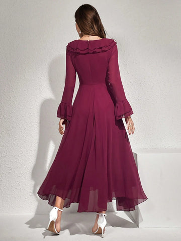 Modelyn Women Elegant Solid Color Flare Sleeve Ruffle Hem Dress