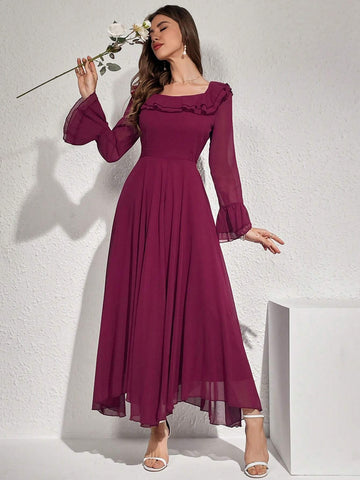Modelyn Women Elegant Solid Color Flare Sleeve Ruffle Hem Dress