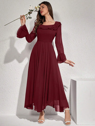Modelyn Women Elegant Solid Color Flare Sleeve Ruffle Hem Dress