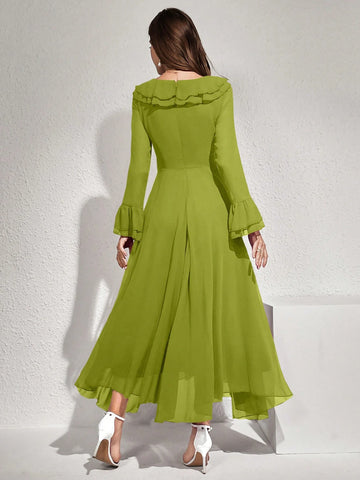 Modelyn Women Elegant Solid Color Flare Sleeve Ruffle Hem Dress
