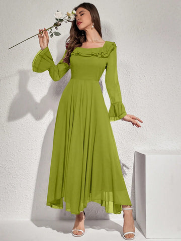 Modelyn Women Elegant Solid Color Flare Sleeve Ruffle Hem Dress