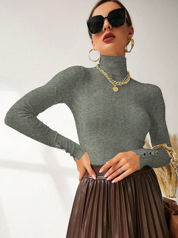 Modelyn High Neck Button Detail Ribbed Knit Sweater