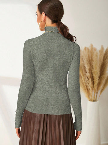 Modelyn High Neck Button Detail Ribbed Knit Sweater