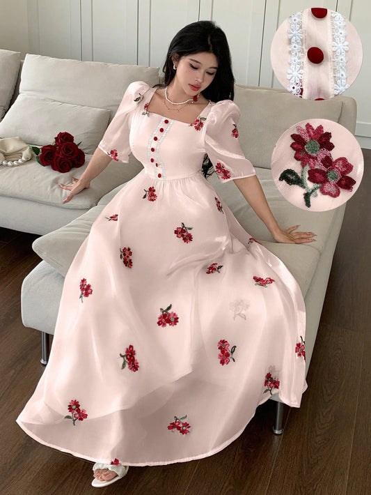 Modelyn Square Neck Embroidered Ditsy Floral Ruched Waist Puff Sleeve Slim Fit Dress