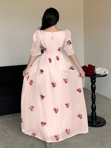 Modelyn Square Neck Embroidered Ditsy Floral Ruched Waist Puff Sleeve Slim Fit Dress