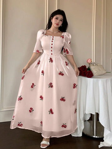Modelyn Square Neck Embroidered Ditsy Floral Ruched Waist Puff Sleeve Slim Fit Dress