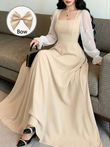 Women Mixed Fabric Bowknot Decor 3D Floral Cinched Waist Woven Dress