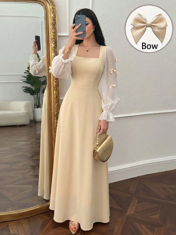 Women Mixed Fabric Bowknot Decor 3D Floral Cinched Waist Woven Dress