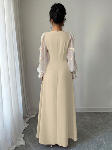 Women Mixed Fabric Bowknot Decor 3D Floral Cinched Waist Woven Dress